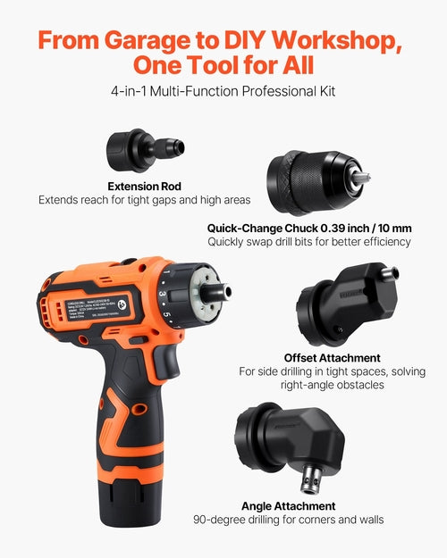 Cordless Drill Driver, 5-In-1, Metal Chuck, Dual-Speed Variable, Drill